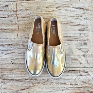 Sperry Top Sider Seaside Sneakers Metallic Gold Leather Slip On Shoes